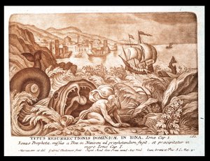 Jonas og hvalen, illustration fra en bibel, graveret af Gabriel Bodeneer (1673-1766) (sepia-stikning)